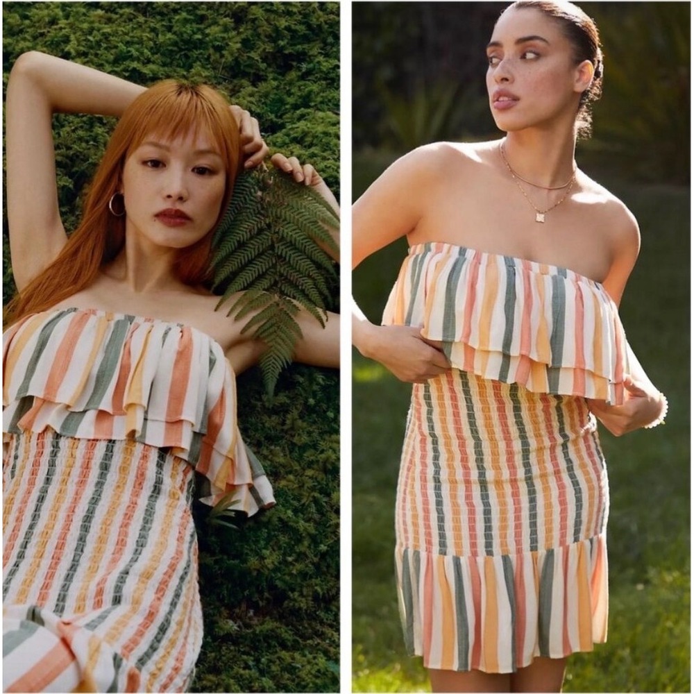 Anthropologie Striped Smocked Tube Dress Drop Waist XL Ruffle Strapless